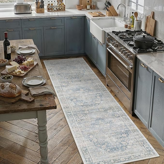 2x8 Washable Neutral Runner Rug Blue Vintage Hallway Kitchen Carpet Non-Slip Soft Low Pile Oriental Throw Rug for Bedroom Bathroom Laundry Living Room