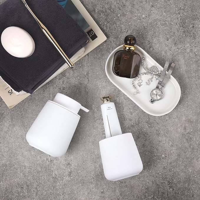 BosilunLife Ceramic Bathroom Accessories Set 3 Pcs, Liquid Soap Dispenser and Toothbrush Holder with Tray, Modern Farmhouse Vanity Decor, White Housewarming Gift