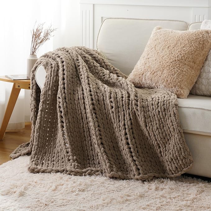 Battilo Beige Chunky Knit Throw Blanket, Soft and Thick Taupe Chenille Throw Blanket, 50"x60" Handmade Cable Knit Crochet Blanket, Cozy Knot Knitted Throw Blankets for Couch Home Decor, Taupe