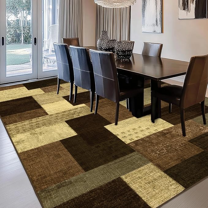 Modern Geometric Patchwork Indoor Area Rug for Living Room, Warm Taupe 10x14 Large Rug Rockwood Collection Hardwood Floors Decor for Bedroom, Taupe Throw Carpet for Office Entryway Dining Room