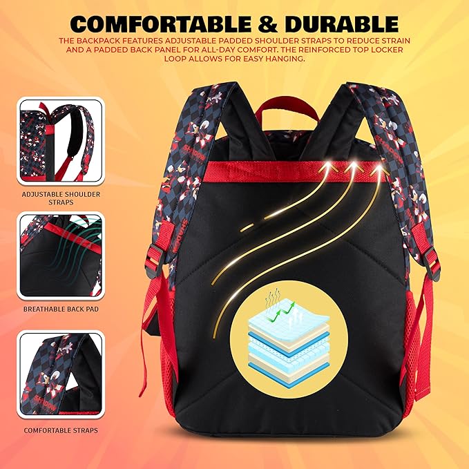 AI ACCESSORY INNOVATIONS Sonic the Hedgehog 5 PC Backpack Set for Girls & Boys, 16” Book Bag Featuring Shadow The Hedgehog, Black