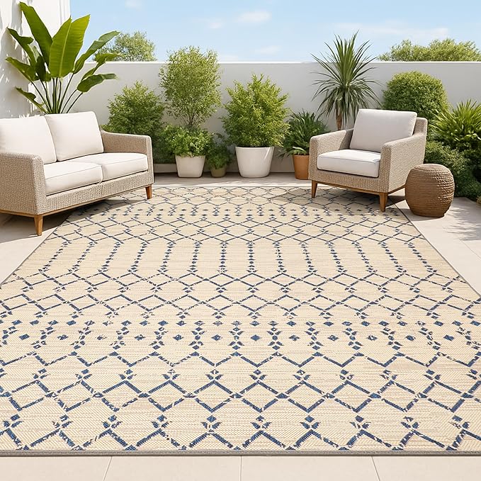 JONATHAN Y Moroccan Geometric Indoor Outdoor Area Rug 10X14 Beige/Navy, Ourika Textured Weave for Backyard, Patio, Porch, Easy-Cleaning, High Traffic, Pet-Friendly, Non-Shedding (SMB108H-14)
