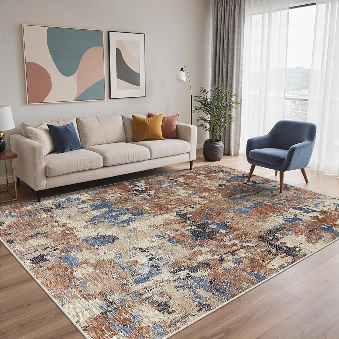 BEIMO Area Rugs 8x10 for Living Room Bedroom, Modern Abstract Machine Washable Rug, Large Soft Low Pile Floor Carpet with Non Slip Backing for Dining Room, Desert Blue Beige