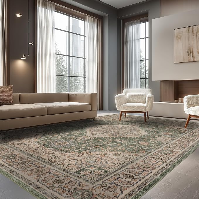 Ruaruarug Washable Area Rug 8x10 for Living Room, Bedroom, Ultra Soft Non Slip Stain & Fade Resistant, Pet & Kids Friendly, Suitable for High Traffic Areas Easy to Clean for Office Kitchen, Celadon