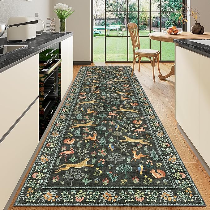 DUKINO 3x10 Washable Runner Rug for Hallway, Lightweight Loog Kitchen Rug with Low Pile Design, Vintage Animal Non Shedding Thin Indoor Carpet for Entryway, Bathroom, Bedroom, Laundry Room, Black