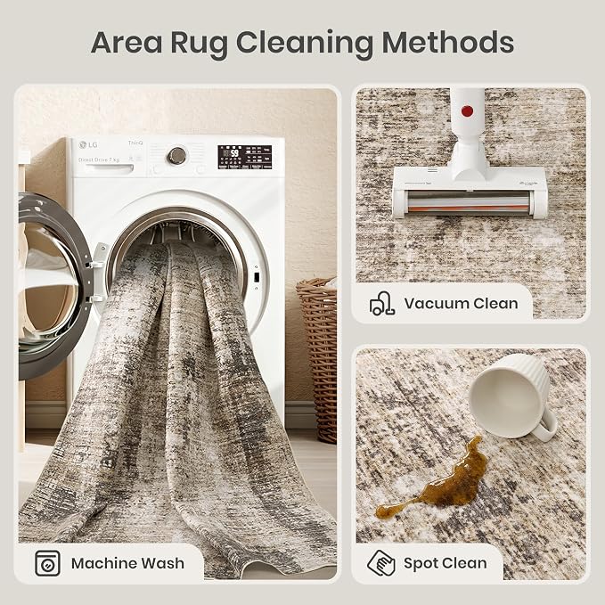 Valenrug Washable Rugs 6x9 - Ultra Thin Stain Resistant 6x9 Rugs for Living Room, Non Slip Backing 0.25" Low Pile Abstract Rugs for Bedroom, Folable Machine Washable Area Rug(6'x9', Taupe)