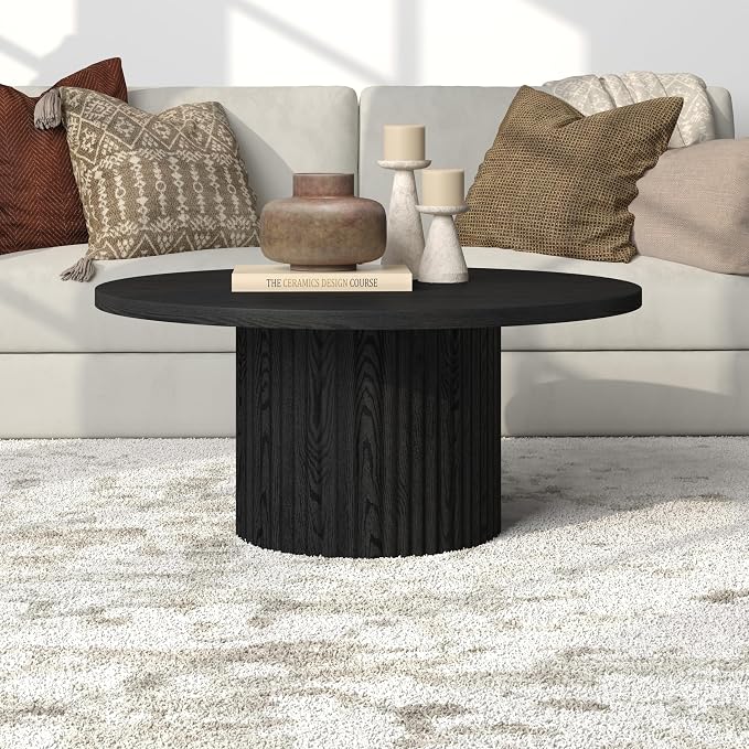 Henn&Hart 32" Fluted Round Wooden Pedestal Low-Profile Coffee Table with Ribbed Pedestal Base for Living Room, Family Room, Office, or Apartment, Natural Black