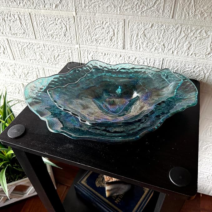 Set of 2 Oyster Shell Decorative Plates, 13 and 10 Inch Sea Blue Glass | Two Sizes for Layered Display, Wavy Uneven Rims, Glossy Finish Shifts Green, Purple, And Smoky Tones