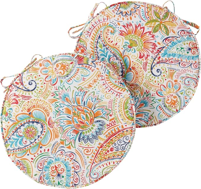 Set of 2 Outdoor 18 inch Round Patio Dining Chair Pads – Comfortable Fiber-Filled Seat Cushions with Ties, Reversible Polyester Fabric, Jamboree Paisley