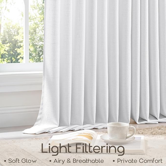 108 Inch Pinch Pleated Snow White Curtains for Living Room Light Filter Memory Training Pinch Pleat Extra Long Curtains for Living Room Bedroom 108 Inches Linen Drapes with Hooks Rings 2 Panels Set
