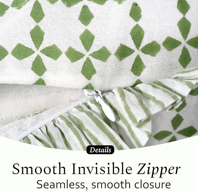 CPC Kelly Green Hand Block Print 100% Cotton Ruffle Throw Pillow Cover 24x24 inch with Hidden Zipper Decorative for Couch, Bed, Sofa, Farmhouse, Cottagecore Decor Gift Christmas Fall Thanksgiving