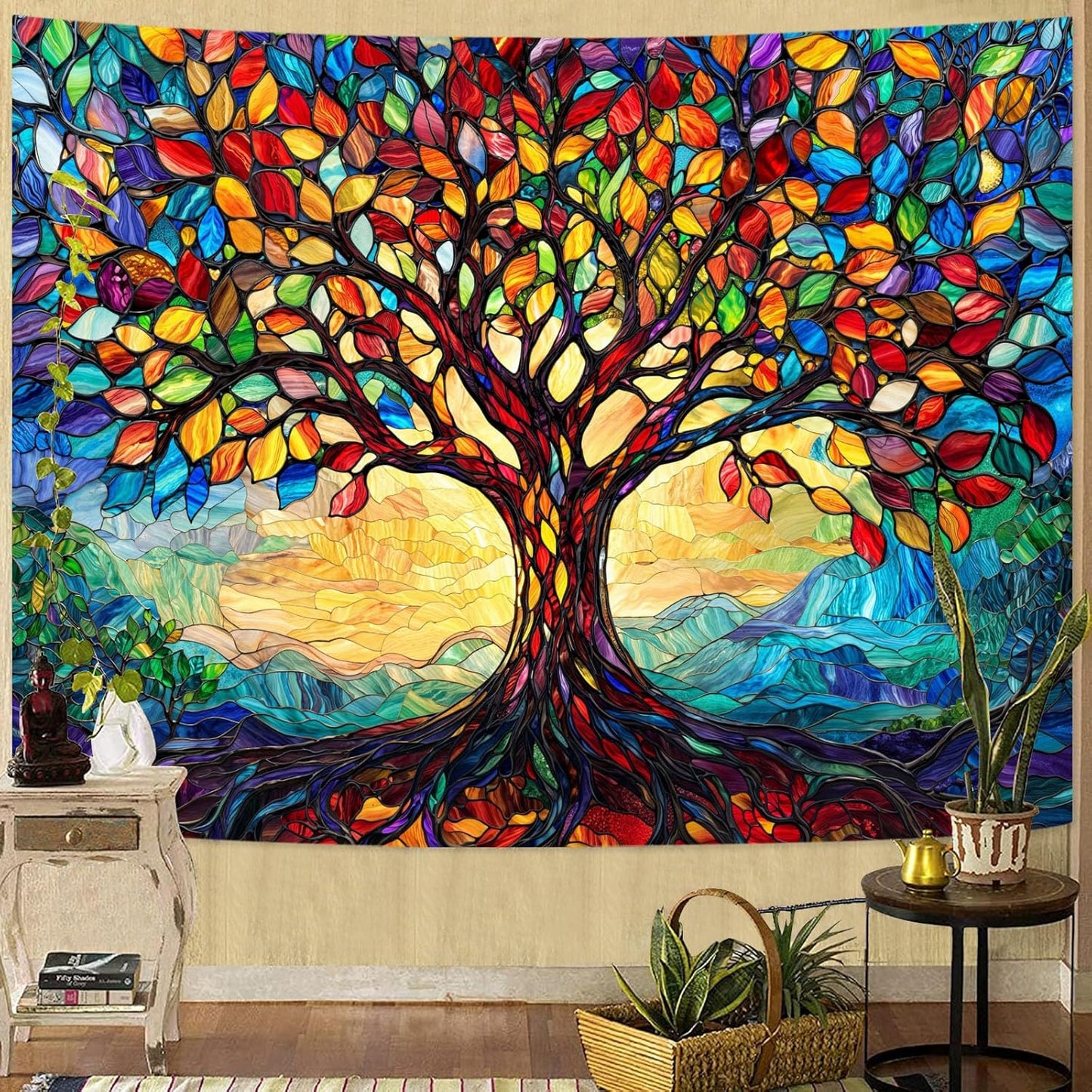 Lunerfex Tree of Life Tapestry Stained Glass Tapestry Wall Decor Tapestries for Bedroom Art Tapestries Wall Hanging for Bedroom Living Room Glass-Tree-01 60"x80"