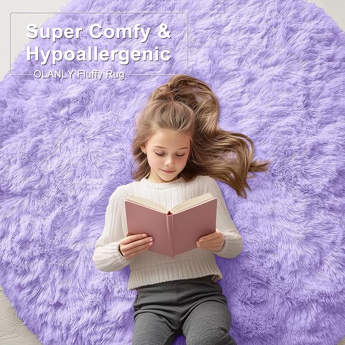 OLANLY Light Purple Round Rugs for Bedroom - Machine Washable, 4 ft Circle Area Rugs for Living Room, Soft and Fluffy Shaggy Carpet for Teen Girls and Boys, Nursery Rooms, Dorms, Home Decor Aesthetic