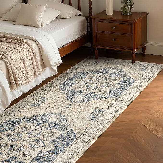 Tortania Area Rug 3x10 Runner Rugs - Washable Vintage Oriental Farmhouse Thin Indoor Carpet for Living Room Bedroom Hallway Entryway Kitchen Under Dining Table Home Office - Cream/Blue