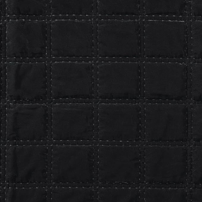 HiEnd Accent Stella Faux Silk Velvet Double Box Stitch 3 Piece Quilt Set, Full Queen Size, Black Solid Color, Classic Chic Modern Rustic Elegant Bedding Set, Lightweight Bed Set