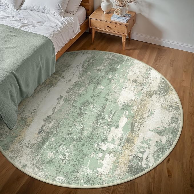 BEIMO Round Rugs 5FT for Living Room Bedroom, Modern Abstract Machine Washable Circle Rug, Soft Low Pile Floor Cover with Non Slip Backing for Dining Room, Light Green