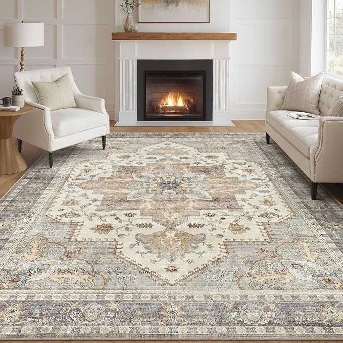 Tortania Area Rug Living Room Rugs - 10x14 Washable Boho Rug Vintage Oriental Distressed Farmhouse Large Thin Indoor Carpet for Living Room Bedroom Under Dining Table Home Office - Greige