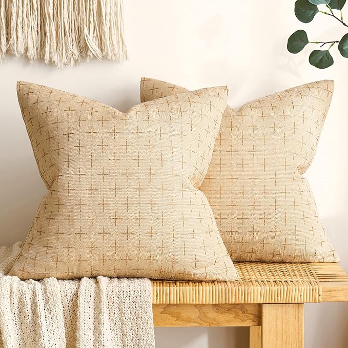 MIULEE Pack of 2 Decorative Burlap Linen Throw Pillow Covers Modern Farmhouse Pillowcase Rustic Woven Textured Cushion Cover for Sofa Couch Bed 24x24 Inch Light Yellow