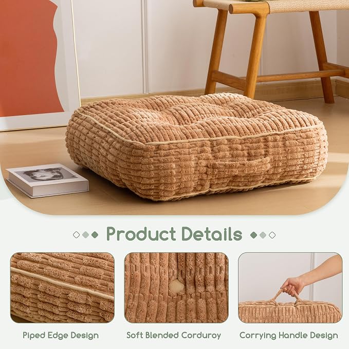 HIGOGOGO 6" Floor Pillow Cushion for Adults, Meditation Cushion Pillow, Blended Corduroy Cover, Large Square Floor Sitting for Tatami Living Room or Yoga, 22x22 Inch, Coffee