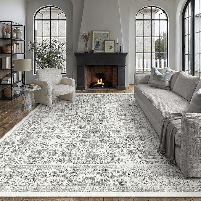 PureCozy Black Area Rug 9x12 Machine Washable Large Vintage Living Room Distressed Non Slip Carpet Traditional Indoor Bedroom Retro Floral Accent Throw Rug for Office Kitchen Dining Room