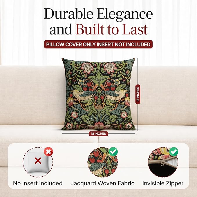 Charlotte Home Furnishings Inc Black Strawberry Throw Pillow Covers 18x18, European 100% Cotton Jacquard Woven Fabric, Boho & Vintage Inspired Decorative Cushion for Living Room and Sofa