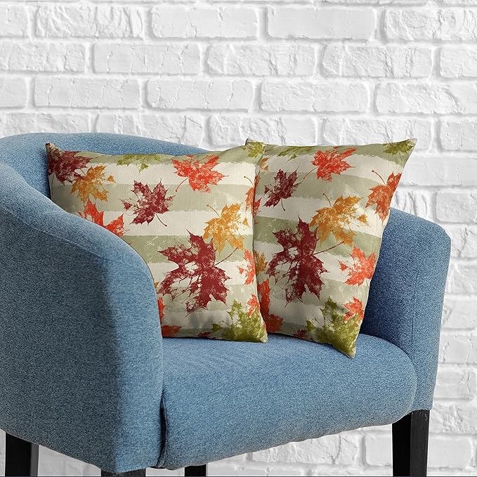 2 Pack of Thanksgiving Maple Leaves Pillow Covers 20x20 Fall Outdoor Throw Pillow Covers Green Beige White Stripes Pillow Case Autumn Cotton Linen Pillow Covers for Couch Patio Home Decor