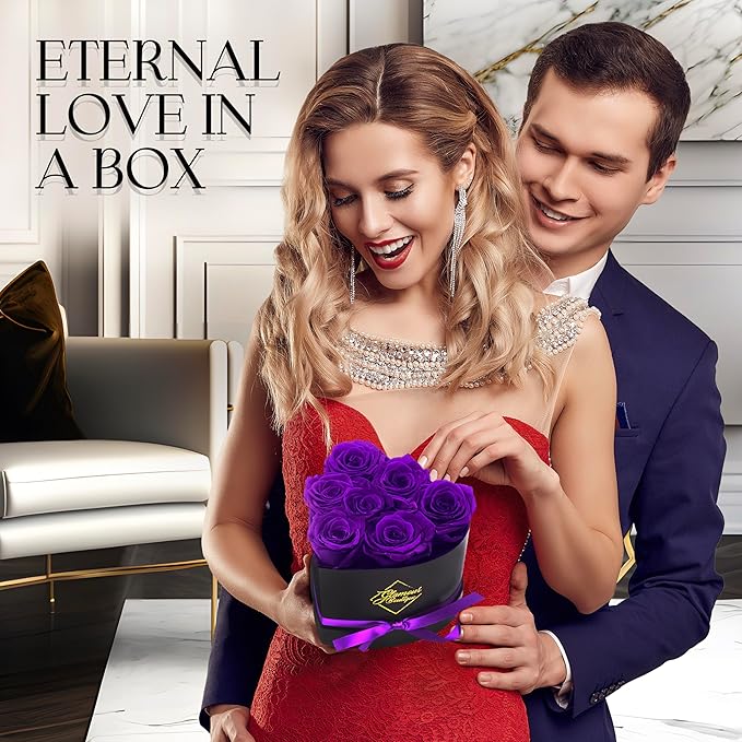 GLAMOUR BOUTIQUE 7 Flower Forever Heart Shape Box, Eternal Preserved Roses Gift for Her, Lasting Flowers, Petite Floral Heart Box for Birthday, Anniversary or Valentine’s Day, Purple (Color-Treated)
