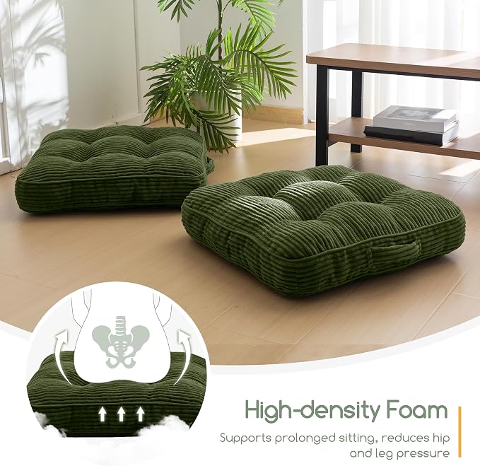 HIGOGOGO Floor Pillow Cushion for Adults, Meditation Cushion Pillow, Large Square Floor Sitting, Tufted Corduroy Cover, for Tatami Living Room or Yoga, Dark Green