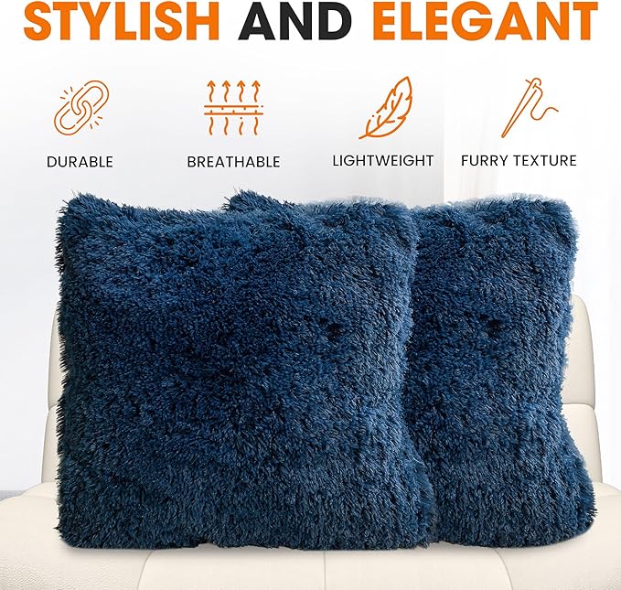 Cheer Collection Throw Pillows for Couch and Bed, Soft Shaggy Throw Pillows with Inserts Included, Cozy Long Hair Faux Fur Pillows - Set of 2-22" x 22" Navy