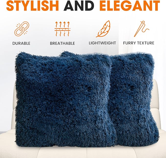 Cheer Collection Throw Pillows for Couch and Bed, Soft Shaggy Throw Pillows with Inserts Included, Cozy Long Hair Faux Fur Pillows - Set of 2-20" x 20" - Navy Blue