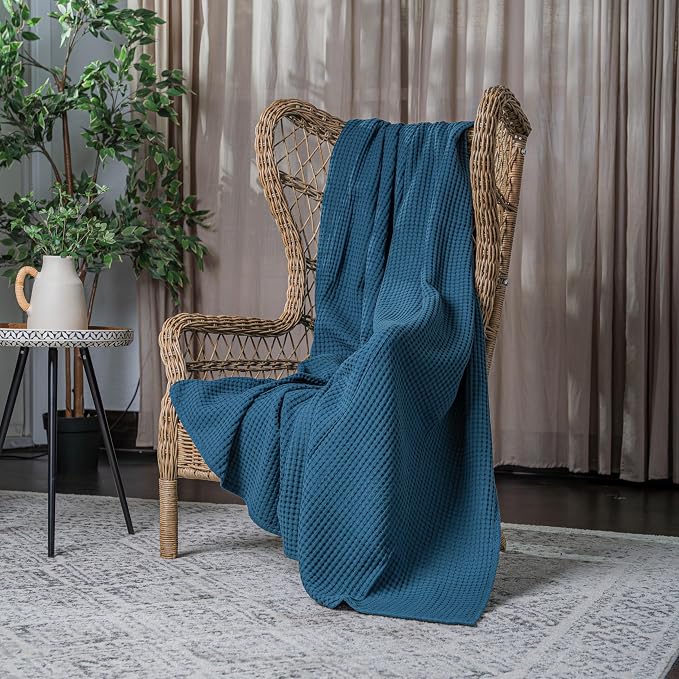 Comfy Cubs Waffle Blanket Twin, 90" x 66" - 100% Cotton Lightweight Breathable Bed Blanket - Soft Textured Thermal Weave for All Seasons – Decorative Cozy Layer for Couch, Sofa, or Bed - Neptune