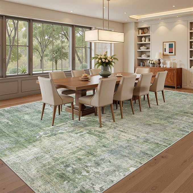 Soalmost 7x10 Area Rug for Living Room Washable Abstract Vintage Soft Thin Indoor Floor Non-Slip Carpet for Bedroom Dining Room Green Ivory