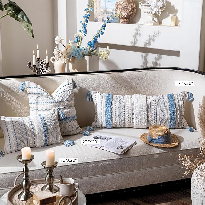 BlissBlush 14x36 Lumbar Pillow Cover for Bed, Rectangular Long Decorative Throw Pillowcase, Boho Accent Cushion with Blue Tufted Pattern and Tassels, Cream Neutral (Cover Only)