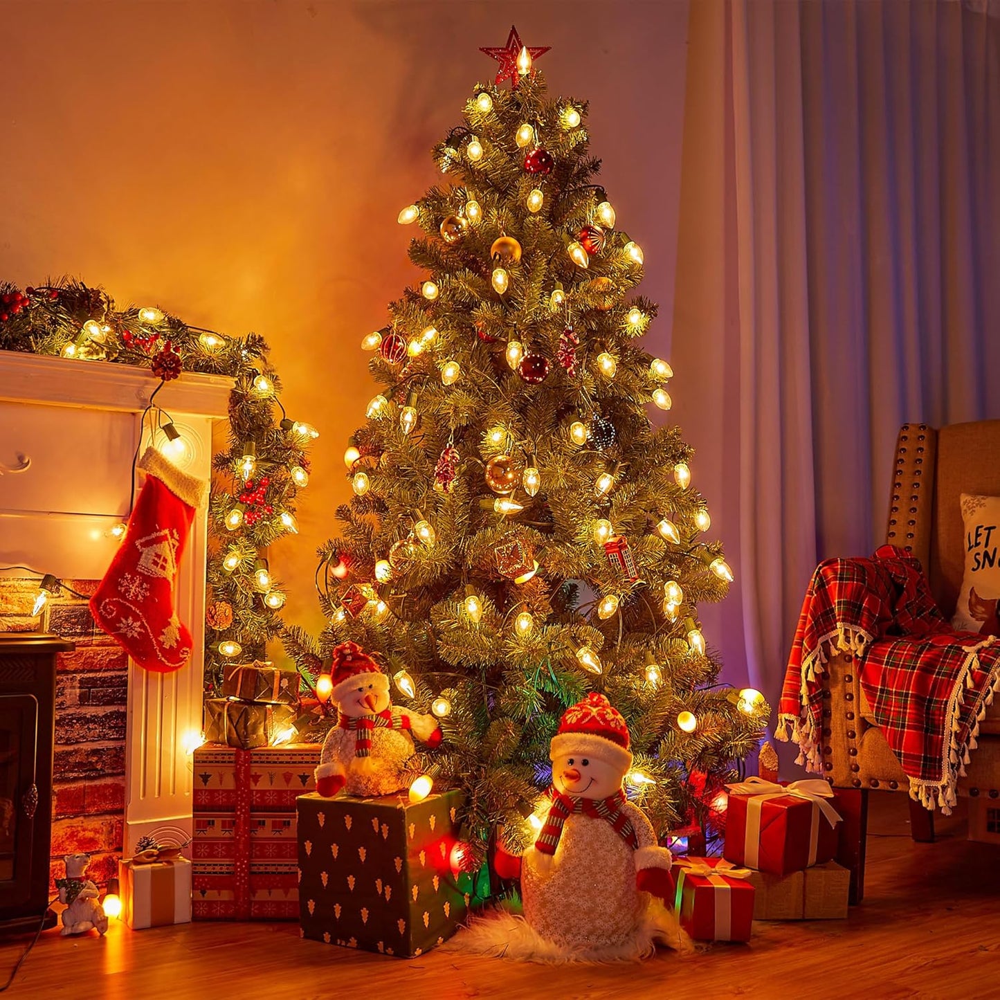 Vintage C9 LED Christmas Lights Outdoor, 100 Feet C9 String Lights with 100 LED C9 Plastic Bulbs, Waterproof Connectable Lights for Christmas Tree Roofline Garden Patio Backyard Decor, Warm White