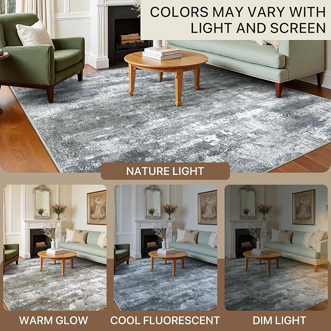 BEIMO Area Rugs 8x10 for Living Room Bedroom, Modern Abstract Machine Washable Rug, Large Soft Low Pile Floor Carpet with Non Slip Backing for Dining Room, Silver Grey