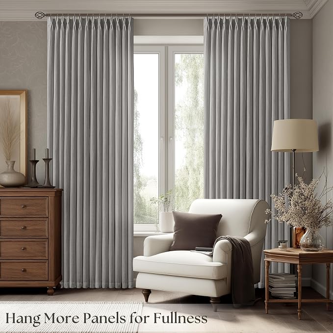 Grey Linen Curtains 90 Inches Long for Living Room Pinch Pleat Drapes with Hooks Rings Back Tab Farmhouse Modern Neutral Pleated Flagstone Dove Gray Curtain 90 Inch Length for Bedroom Dining