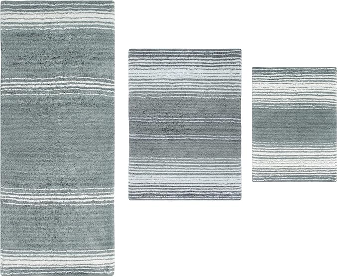 Home Weavers 100% Cotton Gradiation Collection Bathroom Décor | Washable Rug | Bathroom Mat | Kitchen Mat | Bathroom Rug Set | Bath Mat Set | Bath Floor Mat Non Slip, 3 Piece Set with Runner, Gray
