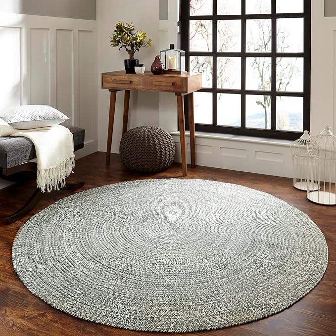 Superior Indoor/Outdoor Area Rug, Dual-Tone Reversible Braided Floor Decor for Patio, Front Porch, Entryway, Living Room, Office, Nursery, Artistic Home, 6' Round, Lagoon Breeze-White