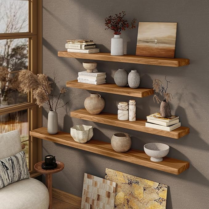 Marsmiles 72 inch Floating Shelves for Wall Solid Elm Wood Wall Mounted Shelves|Rustic Long Floating Shelves with Invisible Bracket for Bathroom Kitchen|Rounded Edge|Natural, 1 Pack