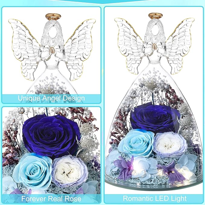 Mothers Day Rose Gifts for Women Preserved Real Flower in Glass Angel Figurines Roses for Delivery Prime Birthday Gifts for Mom Grandma Girlfriend Wife Her,Blue Austin Roses