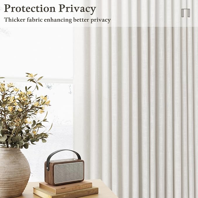 Beige White Linen Pinch Pleated Window Curtains 63 Inch Long Pinch Pleat Back Tab Light Filtering Drapes Rings Hooks Boho Farmhouse Decor Semi Sheer 63 Inch Curtain for Bedroom Living Room Kitchen