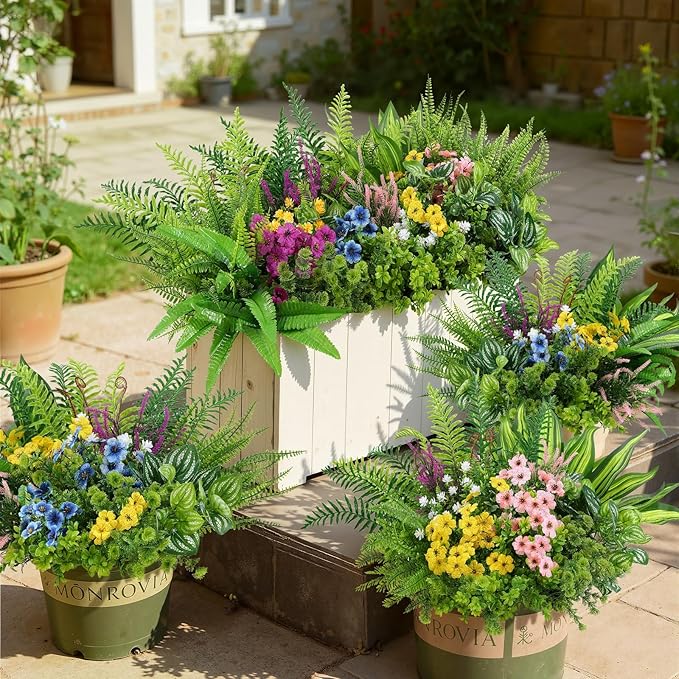 Alupssuc 48Pcs Artificial Flowers and Plants,UV Resistant & No Fade Fake Plastic Greenery Shrubs for Home Garden, Pathway, Front Porch-Spring Summer Decor, Indoor/Outdoor Use,Pink Purple Yellow Blue