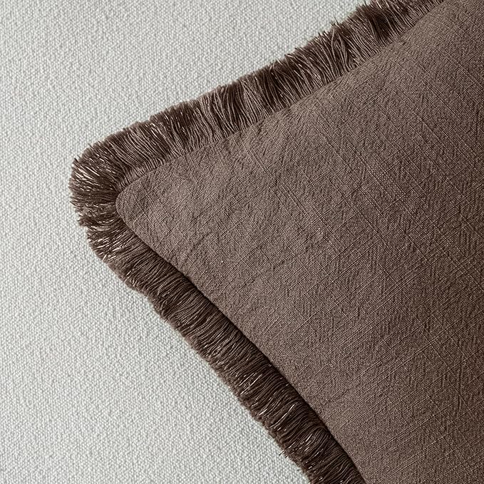 MIULEE Decorative Lumbar Throw Pillow Covers Neutral Linen Fringe Throw Pillows Set of 2 Reddish Brown Boho Farmhouse Cushion Covers for Couch Sofa Bed Living Room Fall Home Decor 12x20 Inch