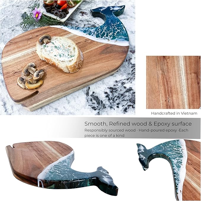 Whale Serving Board - Acacia Wood with Ocean-Inspired Epoxy (15" x 7.9"), Cute Charcuterie Cheese Tray, Unique Kitchen Décor, Cutting Board Gift for Women, Home or Party Use