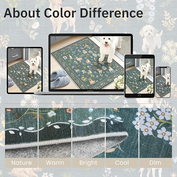 Soalmost Dog 5x7 Area Rugs for Living Room, Machine Washable Animal Floral Vintage Rug Non-Slip Low Pile Soft Throw Rugs for Kitchen Dining Room Bedroom Nursery Playroom (5 x 7,Navy Blue)
