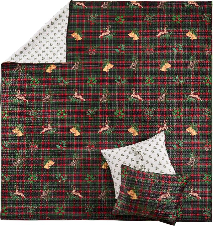 Levtex Home - Merry Tartan Quilt - King Quilt (106x92in.) - Red and Green Velvet Tartan Plaid - Reversible - Polyester