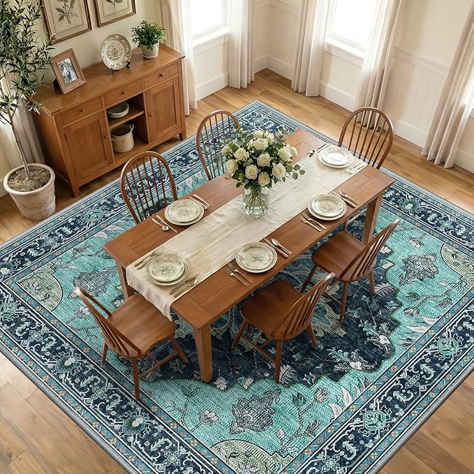 RELEANY Area Rugs Square 10ft Washable Non-Slip, Floral Vintage Distress Print Pattern Medallion Carpet for Living Room Bedroom Dining Room, Teal Green Lake Blue Turquoise