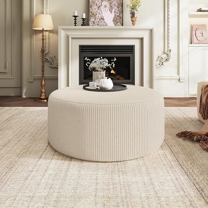 Christopher Knight Home GAVI 30" Ottoman Foot Stool, Corduroy Pouf Footstool Ottoman Seat, Upholstered Foot Chair, Round Footrest, Modern Side Table for Living Room Bedroom Home Decor, Beige