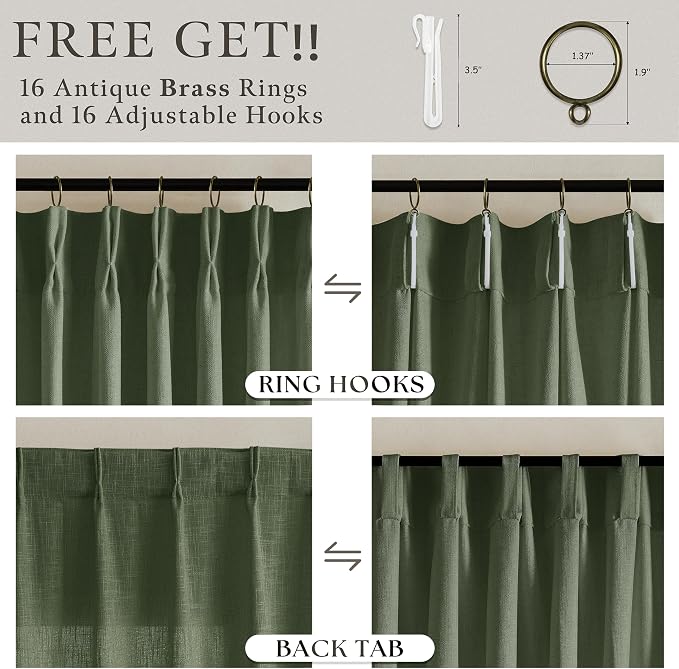 Pinch Pleat Olive Green 72 Inch Curtains for Bedroom Rustic Linen Blend Viral Pleated Semi Sheer Window Drapes Light Filtering Privacy Sunroom Cabin Closet Curtain Back Tab Loden Moss Green 50x72