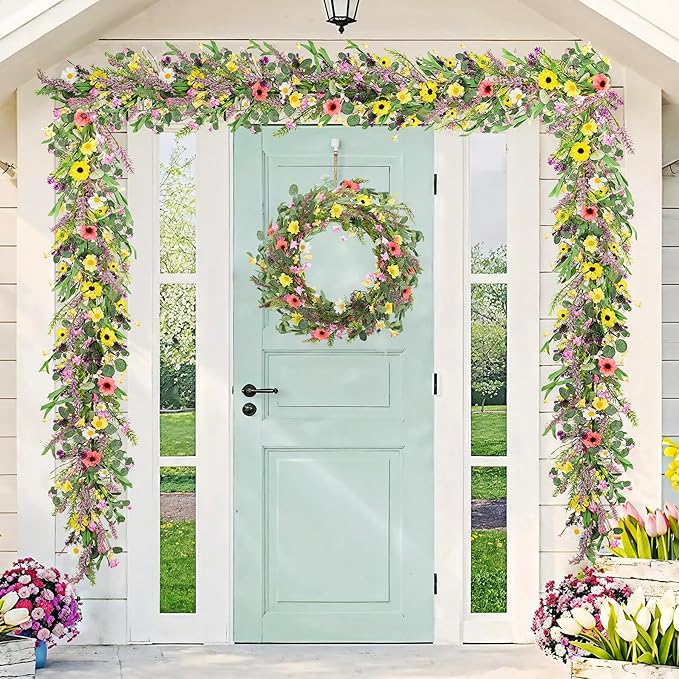 2pcs 6 ft Artificial Wildflower Garlands Wisteria Lavender Garland Daisy and Lavender Faux Floral Vine Summer Spring Floral Fake Garland All Year Round Home Decor for Indoor Outdoor Wedding Arch